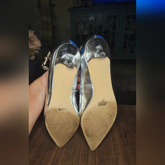 Charles & Keith Buckle Closure Ankle Strap Pointed Toe Pumps - Silver - Picture 7 of 15